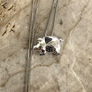 Sterling Silver 925 Black & White Diamond Pig Piggy Piglet Pendant Necklace 18"